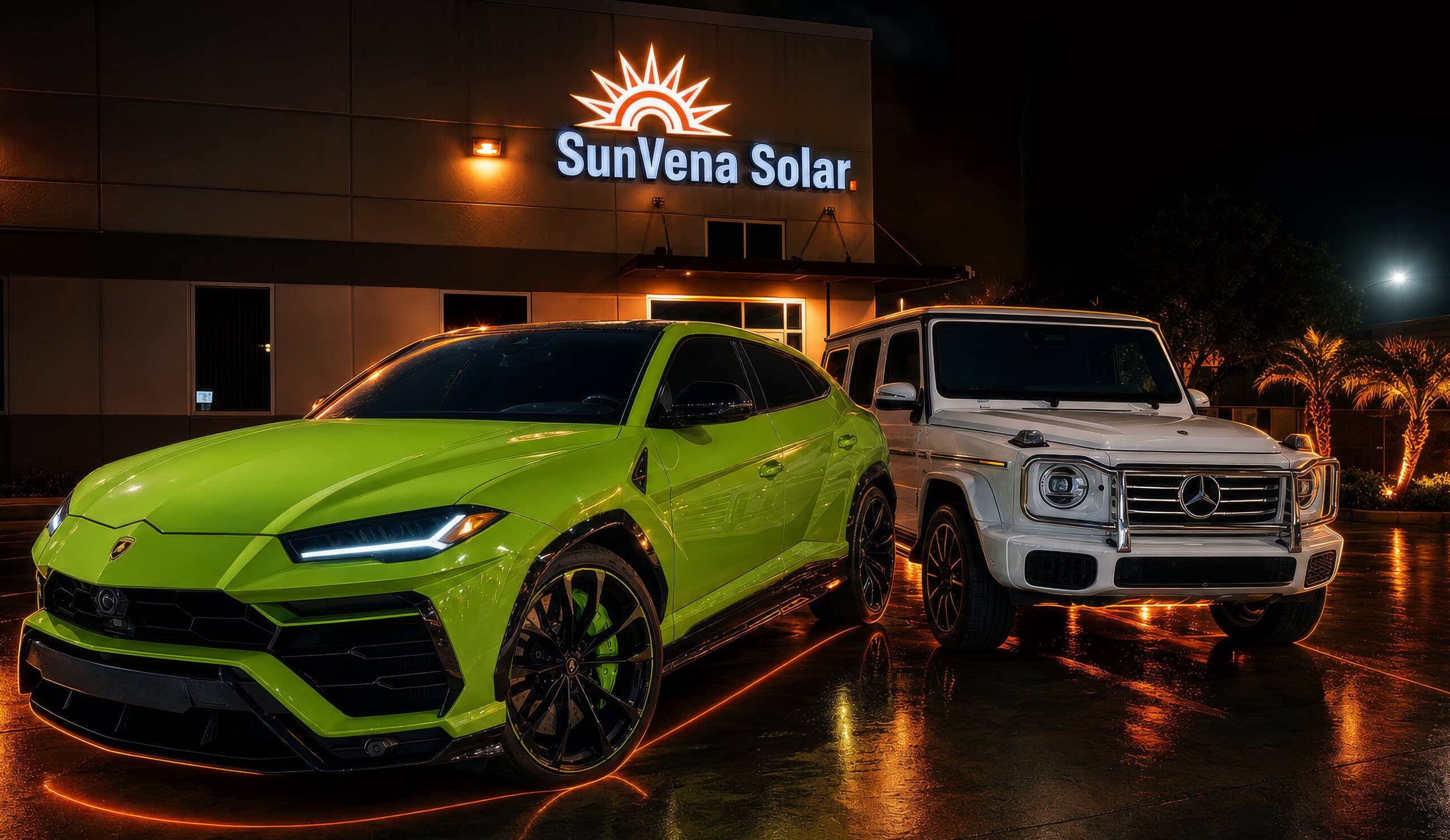 Lamborghini Urus and Mercedes G-Wagon outside SunVena Solar at night